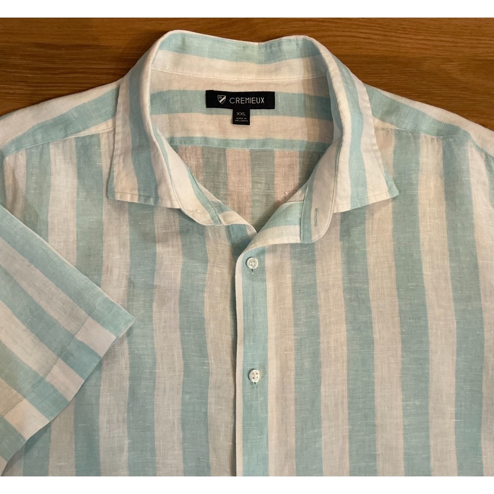 Cremieux‎ 100% Linen Shirt Mens XXL Off White Aqua Stripe Short Sleeve